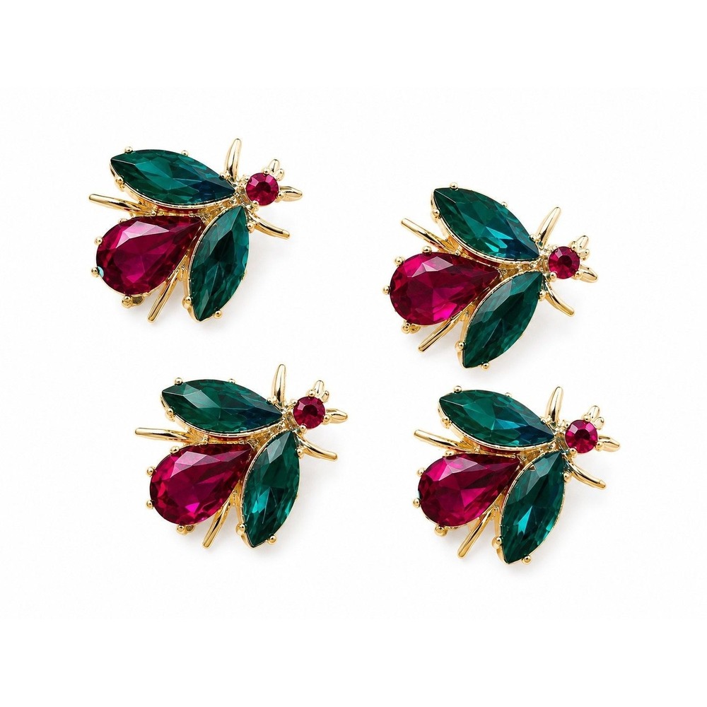 Vintage Dodds Bug Rhinestone Lapel Pins and Clip On Earrings Set Pink Green